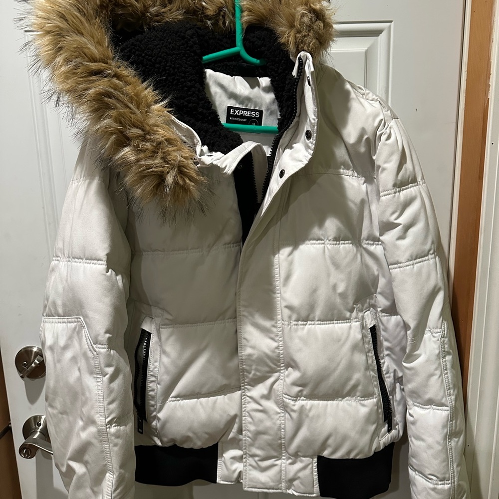 Express Black and White Puffer Jacket with Faux Fur Trim